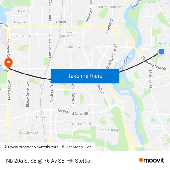 Nb 20a St SE @ 76 Av SE to Stettler map