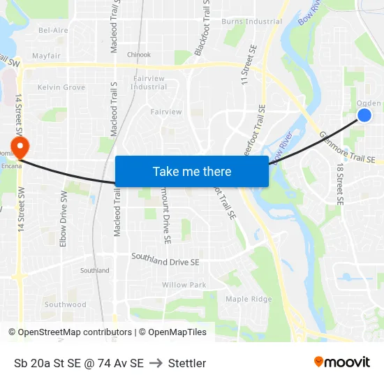 Sb 20a St SE @ 74 Av SE to Stettler map