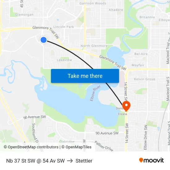 Nb 37 St SW @ 54 Av SW to Stettler map