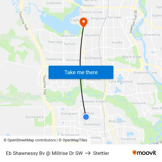 Eb Shawnessy Bv @ Millrise Dr SW to Stettler map