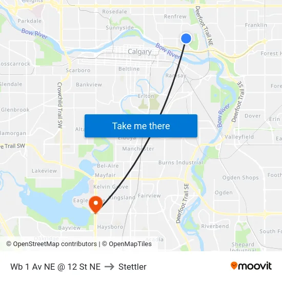Wb 1 Av NE @ 12 St NE to Stettler map