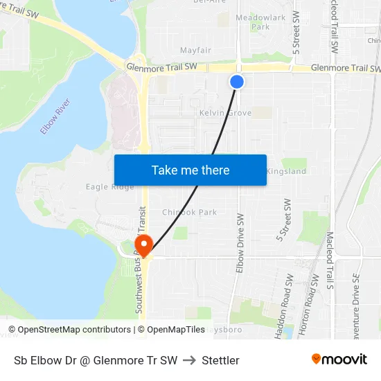 Sb Elbow Dr @ Glenmore Tr SW to Stettler map