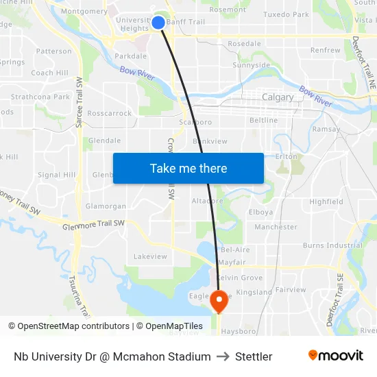 Nb University Dr @ Mcmahon Stadium to Stettler map