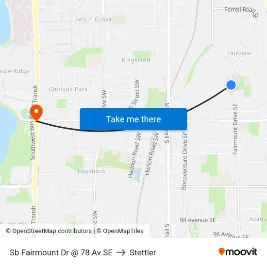 Sb Fairmount Dr @ 78 Av SE to Stettler map