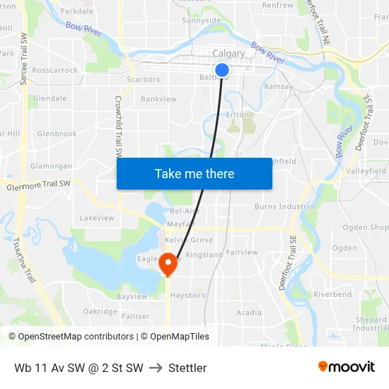 Wb 11 Av SW @ 2 St SW to Stettler map
