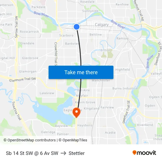 Sb 14 St SW @ 6 Av SW to Stettler map