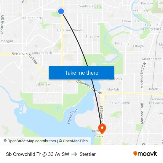 Sb Crowchild Tr @ 33 Av SW to Stettler map