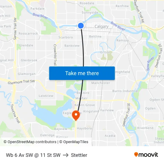 Wb 6 Av SW @ 11 St SW to Stettler map
