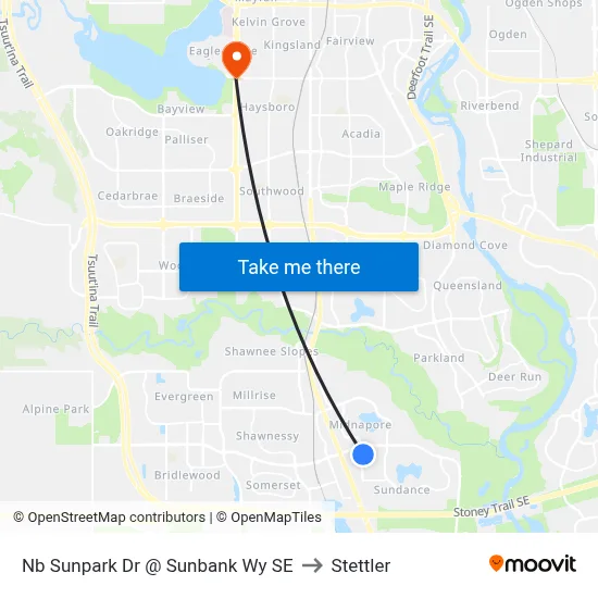 Nb Sunpark Dr @ Sunbank Wy SE to Stettler map