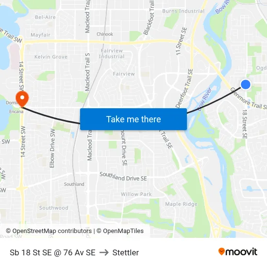 Sb 18 St SE @ 76 Av SE to Stettler map