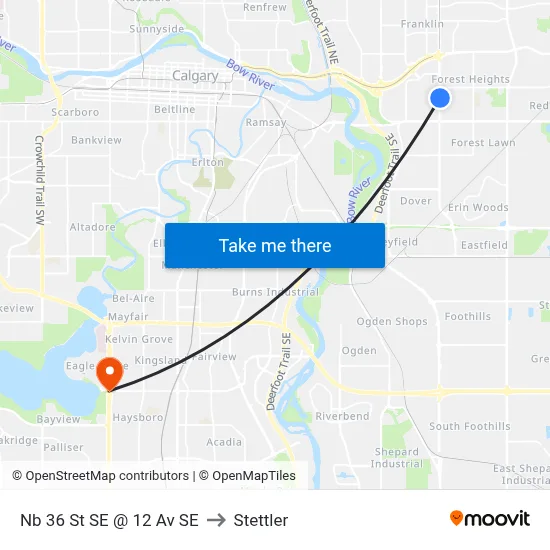 Nb 36 St SE @ 12 Av SE to Stettler map