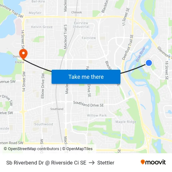 Sb Riverbend Dr @ Riverside Ci SE to Stettler map