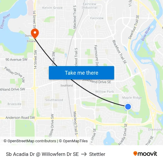 Sb Acadia Dr @ Willowfern Dr SE to Stettler map