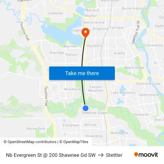 Nb Evergreen St @ 200 Shawnee Gd SW to Stettler map