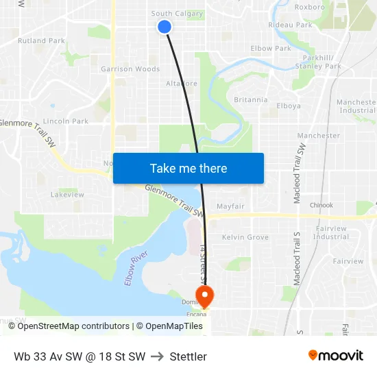 Wb 33 Av SW @ 18 St SW to Stettler map