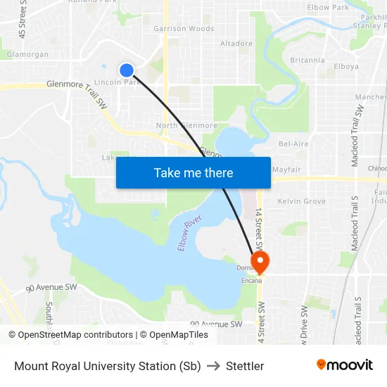 Mount Royal University Station (Sb) to Stettler map