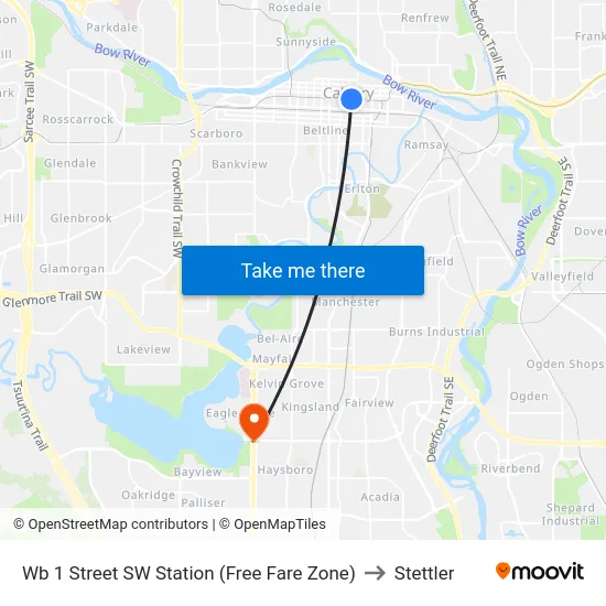 Wb 1 Street SW Station (Free Fare Zone) to Stettler map