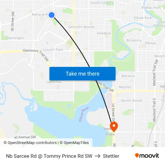 Nb Sarcee Rd @ Tommy Prince Rd SW to Stettler map