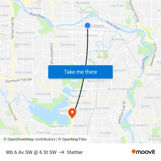 Wb 6 Av SW @ 6 St SW to Stettler map