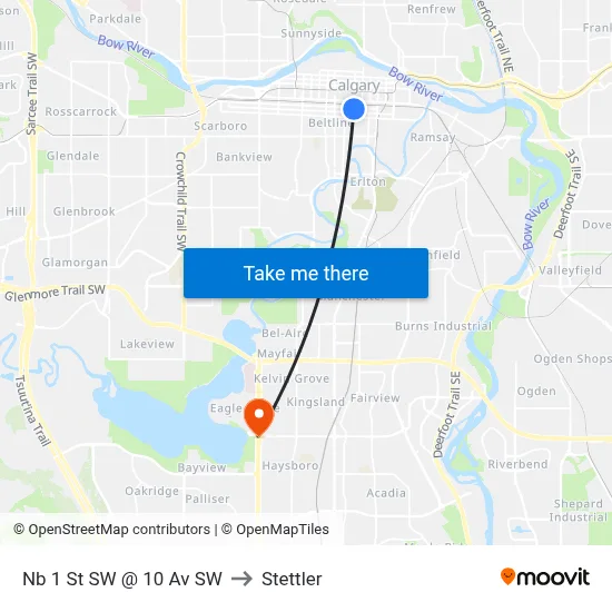 Nb 1 St SW @ 10 Av SW to Stettler map