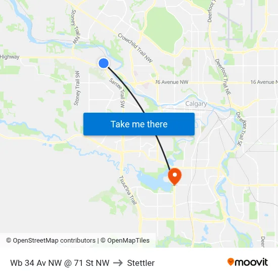 Wb 34 Av NW @ 71 St NW to Stettler map