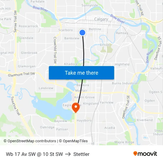 Wb 17 Av SW @ 10 St SW to Stettler map