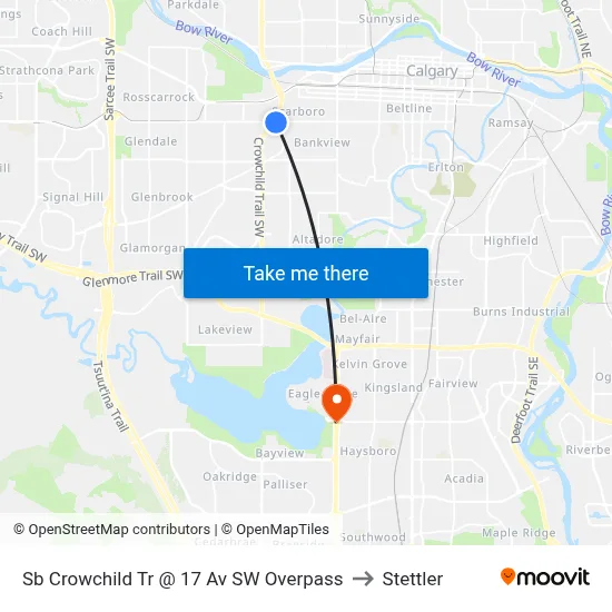 Sb Crowchild Tr @ 17 Av SW Overpass to Stettler map