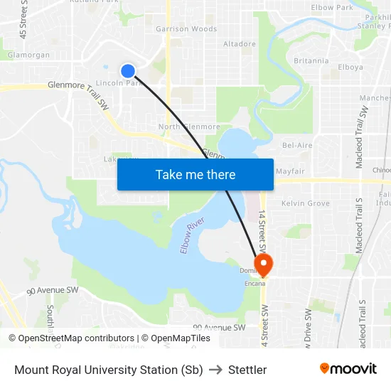 Mount Royal University Station (Sb) to Stettler map