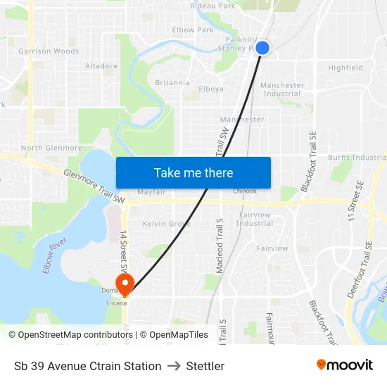 Sb 39 Avenue Ctrain Station to Stettler map