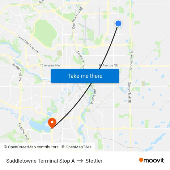 Saddletowne Terminal Stop A to Stettler map