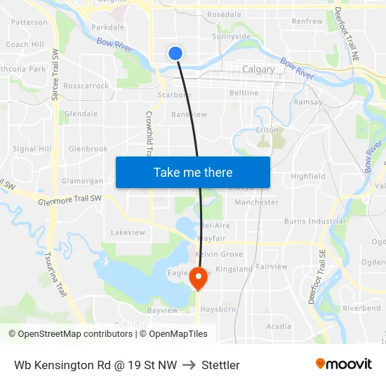Wb Kensington Rd @ 19 St NW to Stettler map