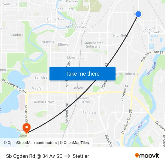 Sb Ogden Rd @ 34 Av SE to Stettler map