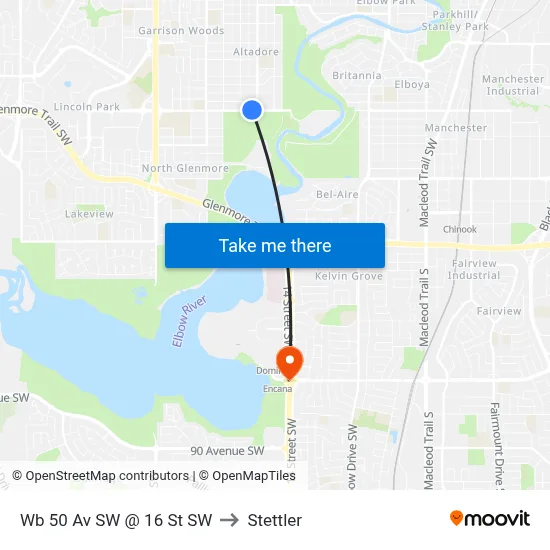 Wb 50 Av SW @ 16 St SW to Stettler map