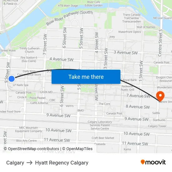 Calgary to Hyatt Regency Calgary map