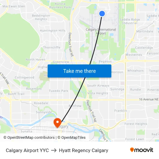 Calgary Airport YYC to Hyatt Regency Calgary map