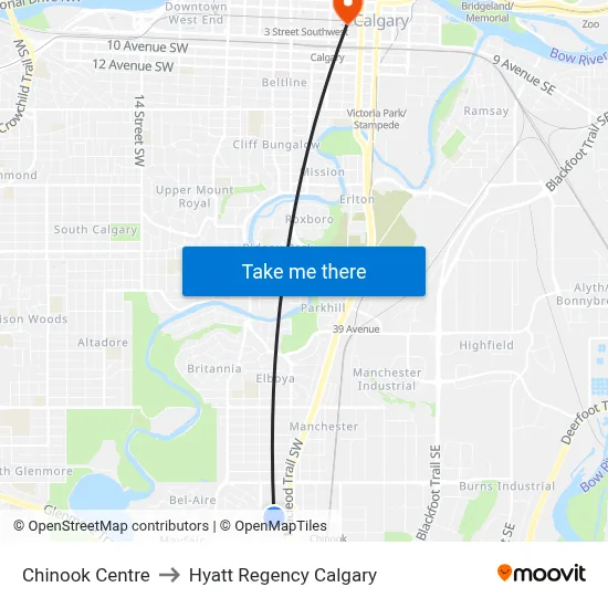 Chinook Centre to Hyatt Regency Calgary map