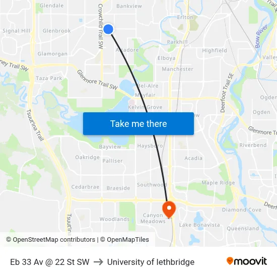 Eb 33 Av @ 22 St SW to University of lethbridge map