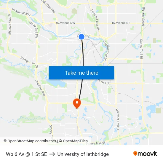 Wb 6 Av @ 1 St SE to University of lethbridge map