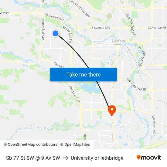 Sb 77 St SW @ 9 Av SW to University of lethbridge map