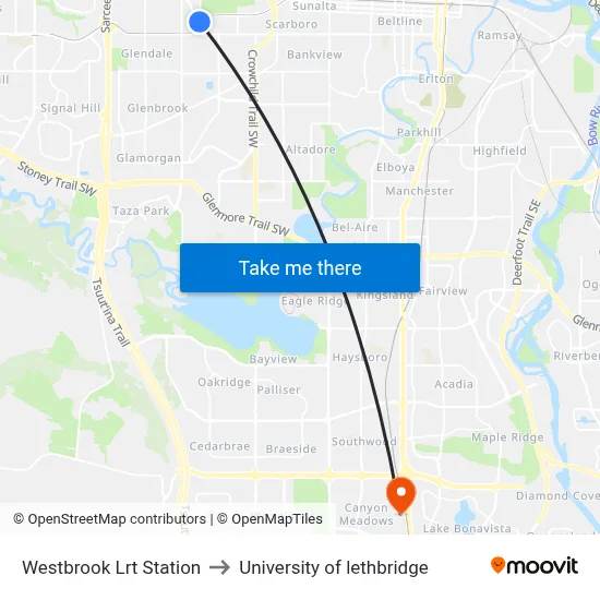 Westbrook Lrt Station to University of lethbridge map