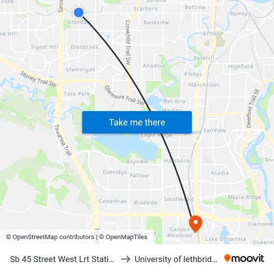 Sb 45 Street West Lrt Station to University of lethbridge map