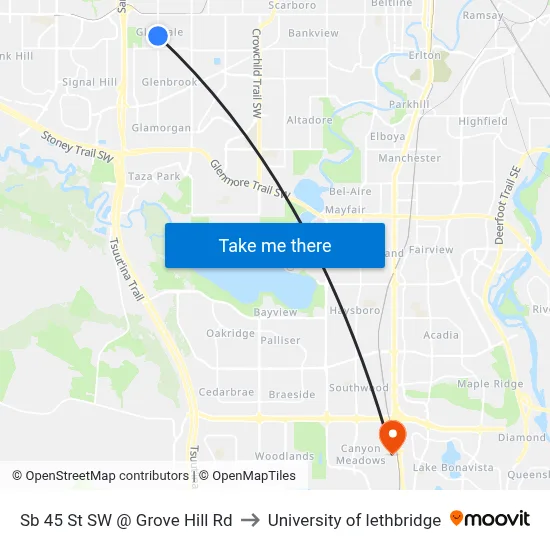 Sb 45 St SW @ Grove Hill Rd to University of lethbridge map