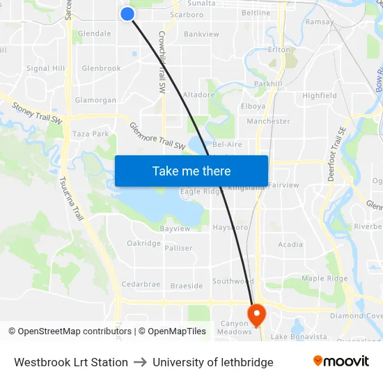 Westbrook Lrt Station to University of lethbridge map