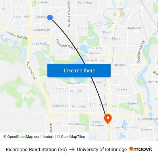 Richmond Road Station (Sb) to University of lethbridge map
