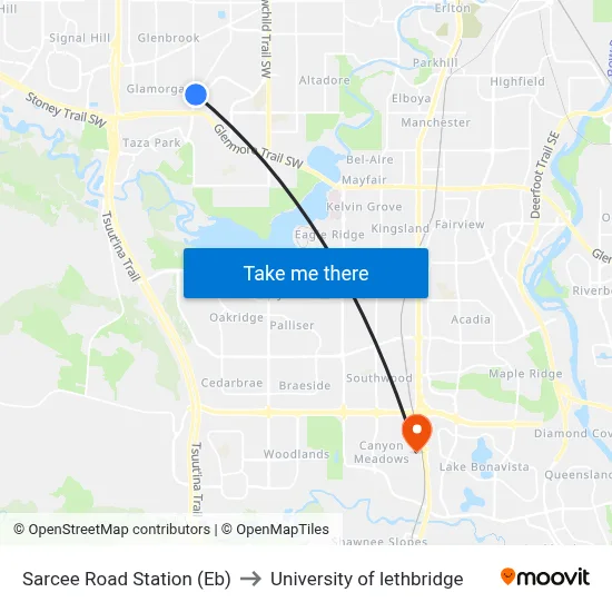 Sarcee Road Station (Eb) to University of lethbridge map