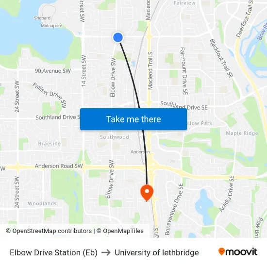 Elbow Drive Station (Eb) to University of lethbridge map