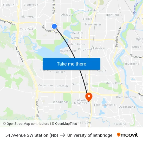 54 Avenue SW Station (Nb) to University of lethbridge map