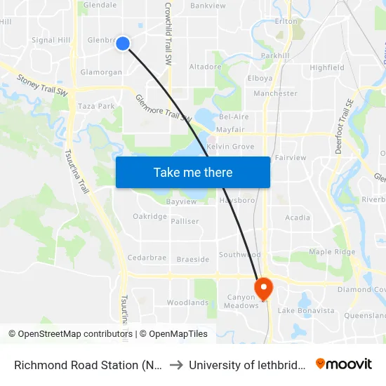 Richmond Road Station (Nb) to University of lethbridge map