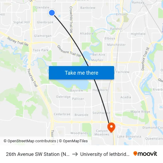 26th Avenue SW Station (Nb) to University of lethbridge map