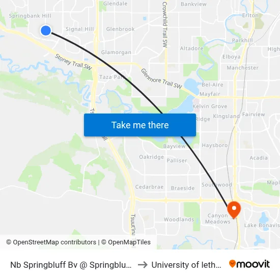 Nb Springbluff Bv @ Springbluff Ln SW to University of lethbridge map